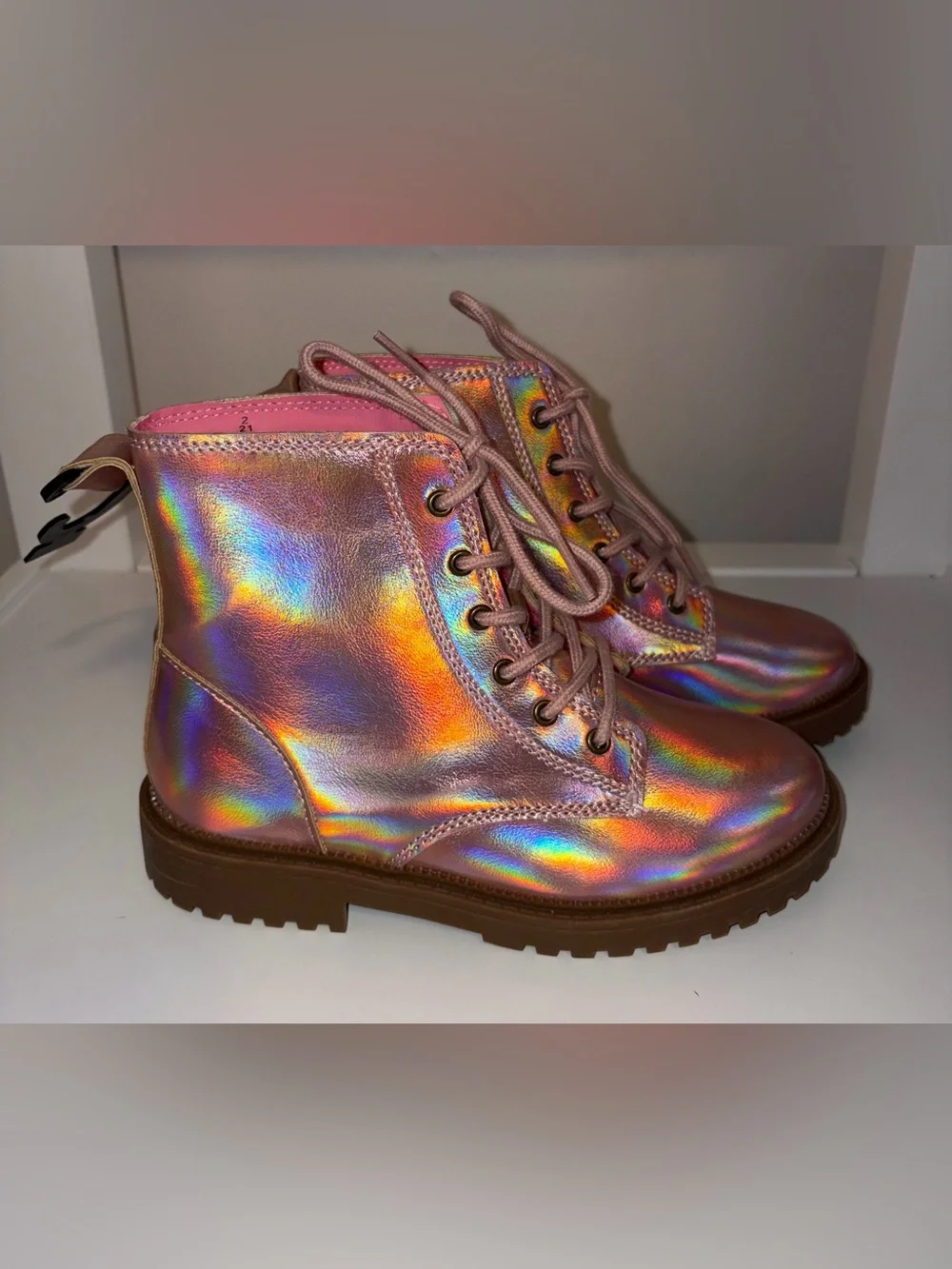 Iridescent Pink Holographic Lace-Up Combat Boots